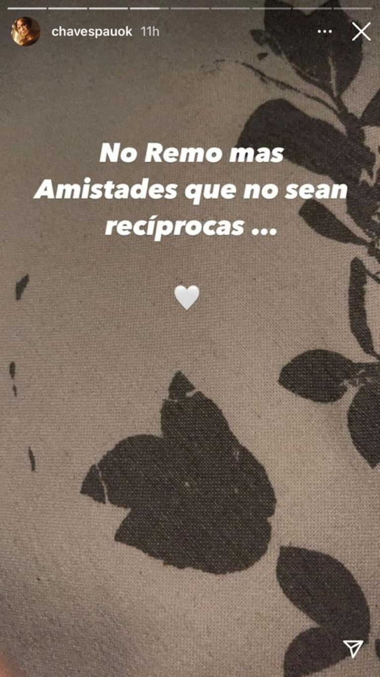 El misterioso y contundente posteo de Paula Chaves sobre la amistad: "No remo más lo que no es recíproco"