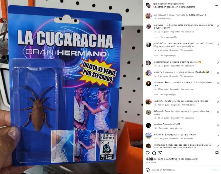 El muñeco de la cucaracha de Juli Poggio en Gran Hermano (Foto: Instagram @milongacustoms)