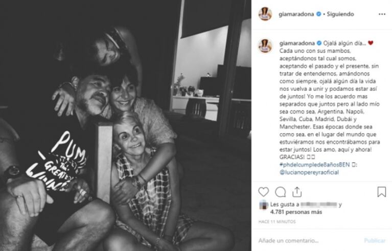 El nostálgico mensaje (con fuerte deseo incluido) de Gianinna Maradona junto a una foto con sus papás y su hermana