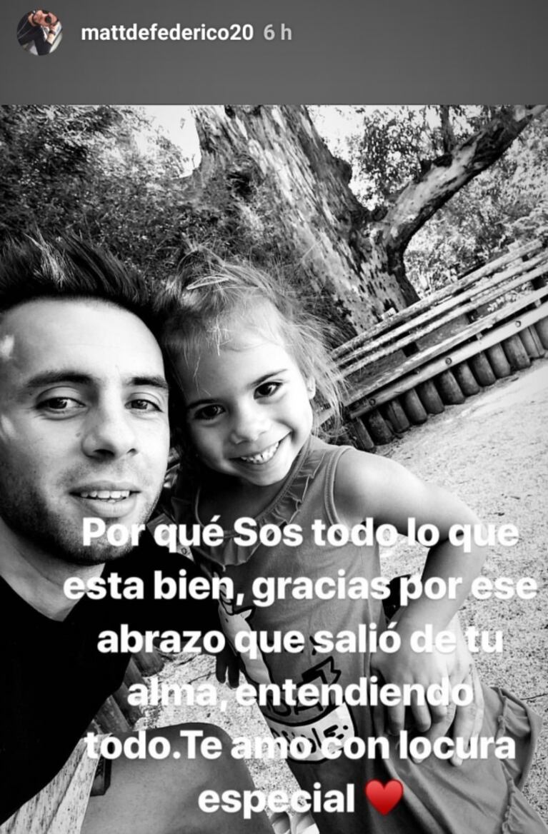 El nostálgico mensaje de Matías Defederico junto a una de sus hijas: "Gracias por ese abrazo que salió de tu alma, entendiendo todo"