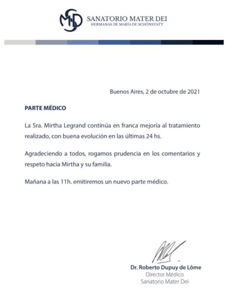 El nuevo parte médico de Mirtha Legrand tras su cirugía: "Rogamos prudencia en los comentarios y respeto hacia ella y su familia"