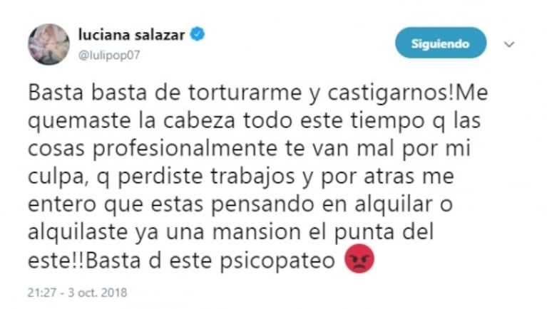 El nuevo y escandaloso tweet de Luciana Salazar contra Redrado: "¡Basta de torturarme y castigarnos!"