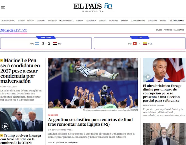 El País tituló su cobertura en vivo sobre la clasificación de Argentina tras remontar el partido ante los egipcios.
Fuente: Captura El País