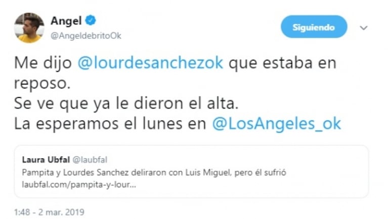 El palito de De Brito a Lourdes Sánchez al verla en el recitar de Luis Miguel: "Me dijo que estaba en reposo"