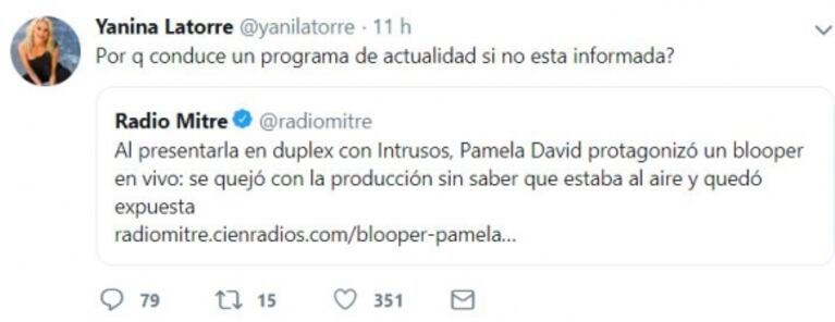 El palito de Yanina Latorre a Pamela David: "¿Por qué conduce un programa de actualidad si no está informada?"