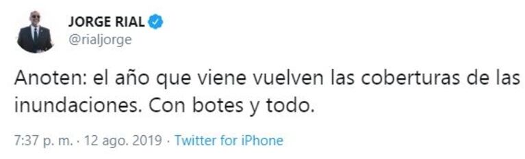 El palito twittero de Jorge Rial ¿para Mónica Gutiérrez?: "En 2020 vuelven las coberturas de las inundaciones"