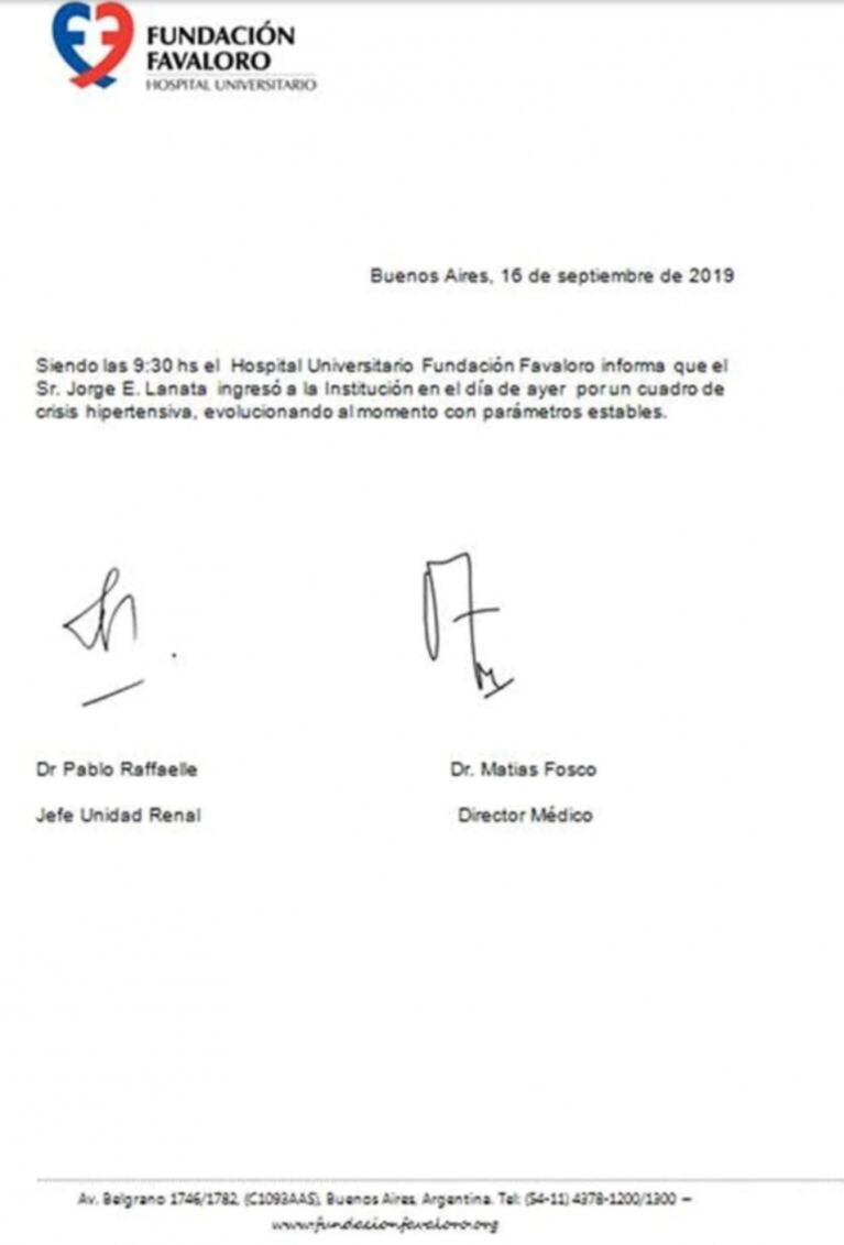 El parte médico de Jorge Lanata, tras ser internado por hipertensión: "Evoluciona con parámetros estables"