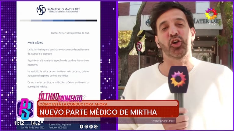 El parte médico de Mirtha Legrand del lunes 21 de septiembre de 2026.
