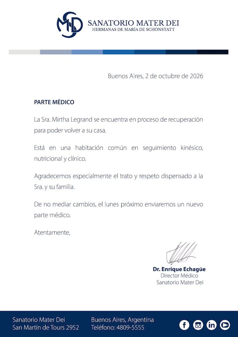 El parte médico de Mirtha Legrand del viernes 2 de octubre de 2026.