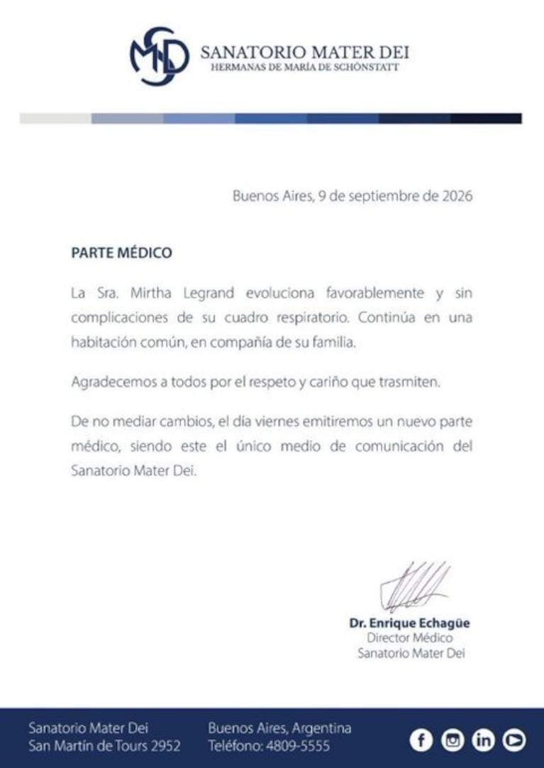 El parte médico de Mirtha Legrand (Foto: captura de Sanatorio Mater Dei)