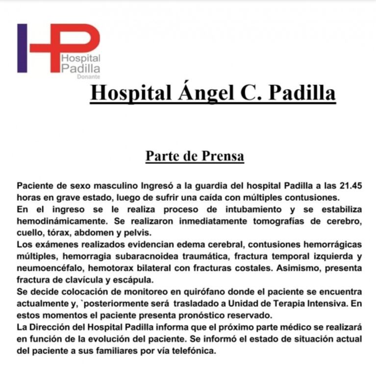 El parte médico de Sergio Denis con el detalle de las lesiones que sufrió tras caer de tres metros de altura