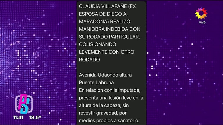 El parte policial del choque de Claudia Villafañe (Foto: captura de eltrece).