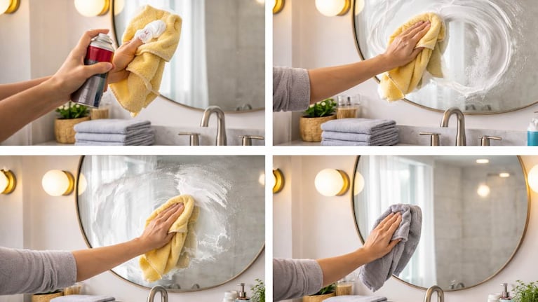 El paso a paso para limpiar el vidrio del espejo del baño con crema de afeitar. Foto: IA