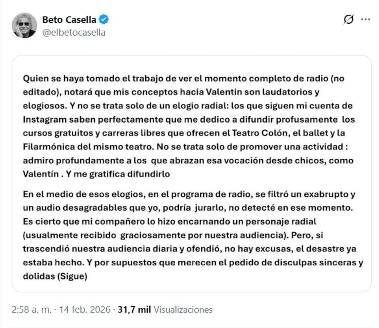 El pedido de disculpas de Beto Casella al bailarín del Teatro Colón Valentín Fresno (Foto: captura de X/@elbetocasella).