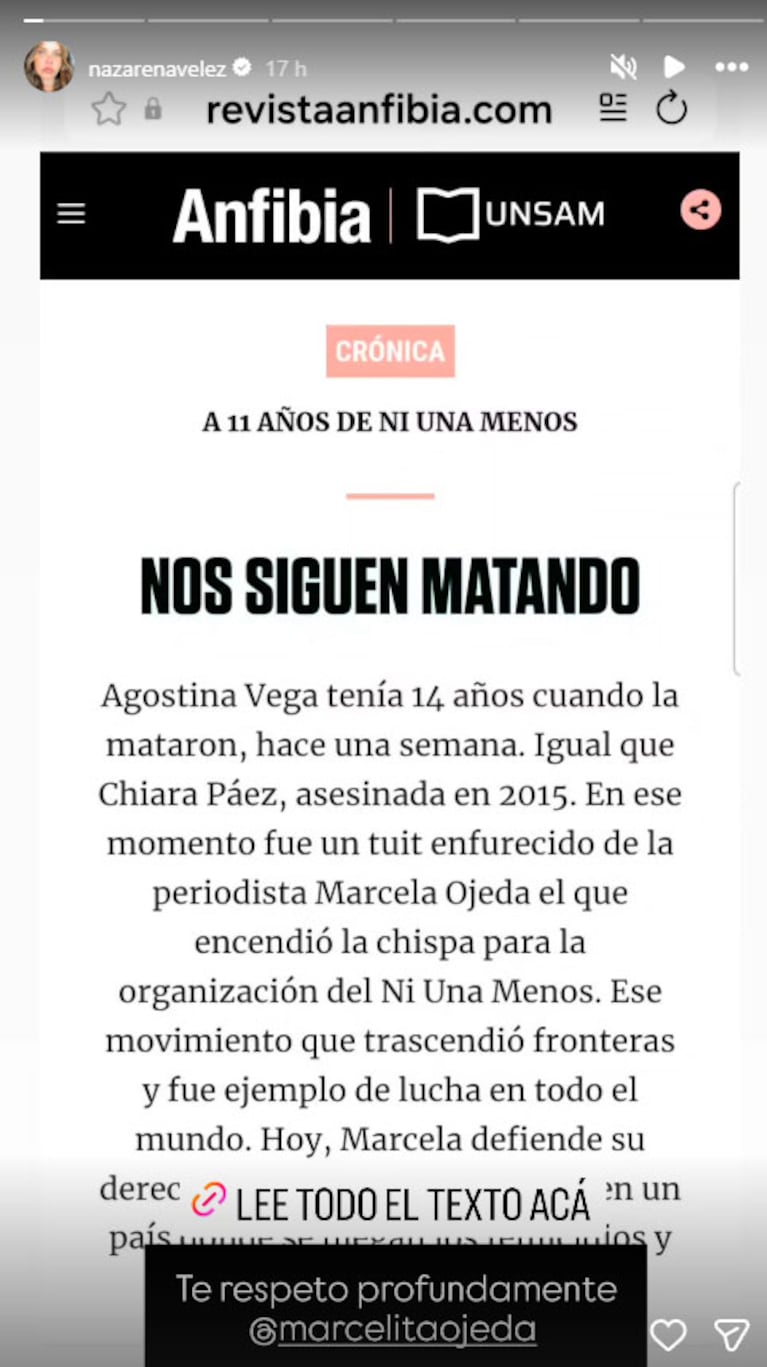 El pedido de justicia de Nazarena Vélez por Agostina Vega (Captura de Instagram)