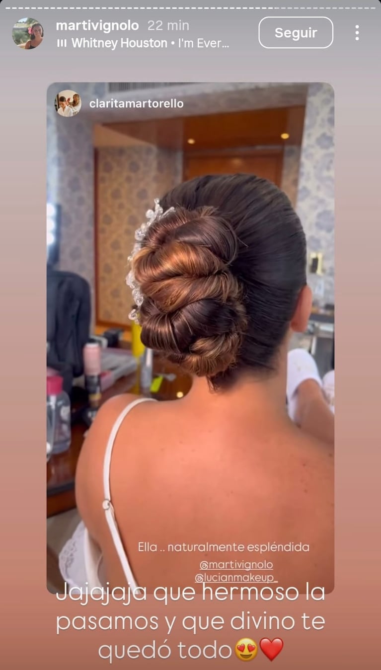 El peinado de Martina Vignolo en su boda con Matías Alé (Foto: Instagram/@martivignolo).