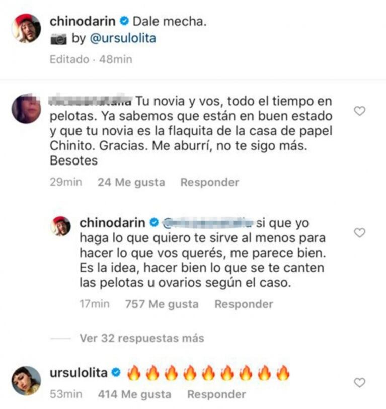 El picante cruce de Chino Darín con una seguidora que lo criticó por su foto desnudo: "Hay que hacer lo que se nos canten las pelotas"