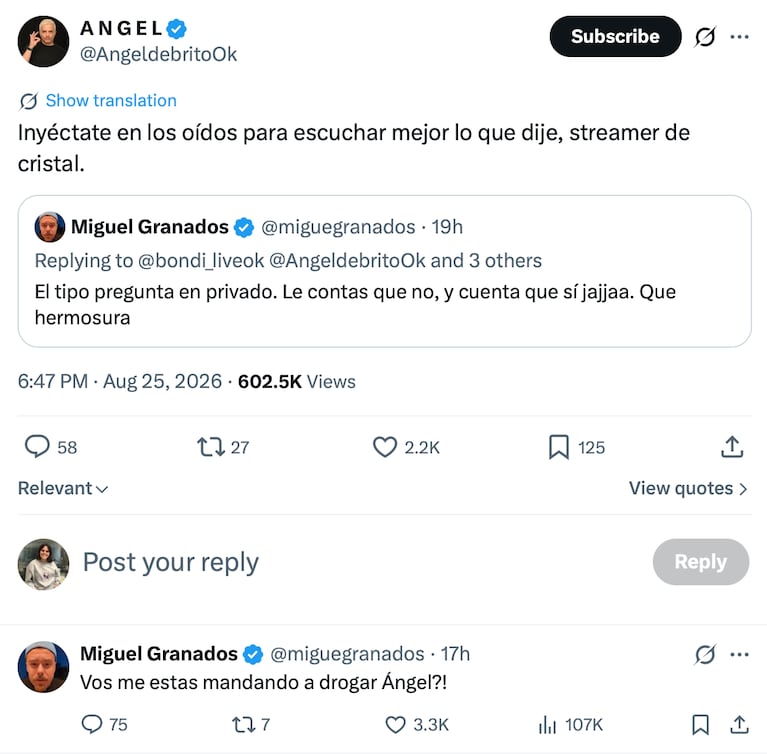 El picante cruce entre Ángel de Brito y Migue Granados en redes (Captura: X)