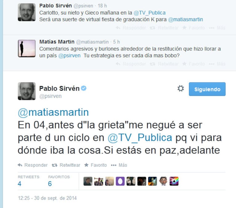 El picante cruce tuitero de Matías Martin y Pablo Sirvén. (Foto: Twitter)