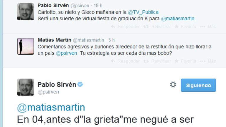 El picante cruce tuitero de Matías Martin y Pablo Sirvén. (Foto: Twitter)