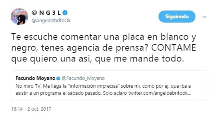 El picante cruce twittero de Ángel de Brito con Facundo Moyano: "Quiero su fórmula porque con todo lo que trabaja, tiene tiempo para ver más tele que yo"