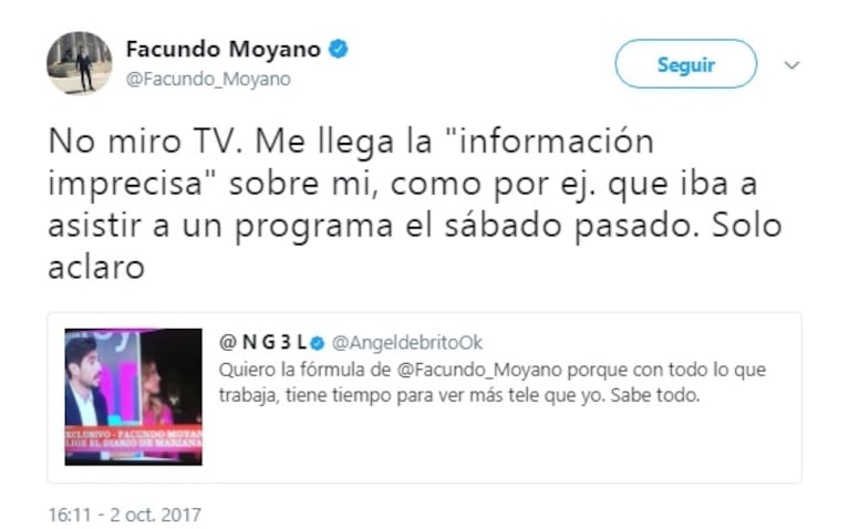 El picante cruce twittero de Ángel de Brito con Facundo Moyano: "Quiero su fórmula porque con todo lo que trabaja, tiene tiempo para ver más tele que yo"