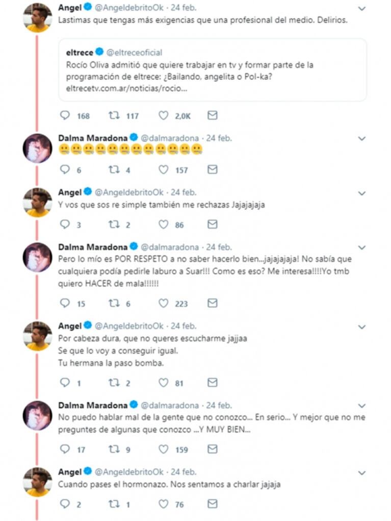 El picante ida y vuelta de Dalma Maradona con Ángel de Brito sobre Rocío Oliva 