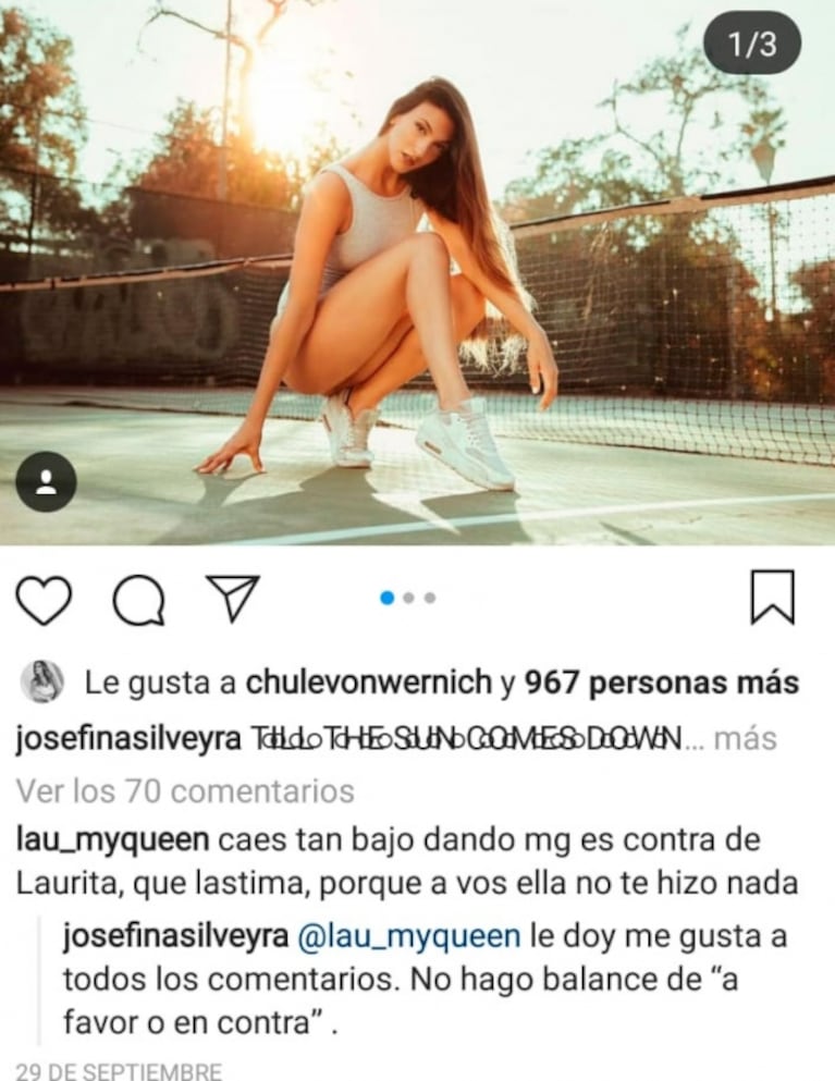 El picante "me gusta" de Josefina Silveyra, la ex de Cabré, a un fuerte comentario sobre Laurita Fernández 