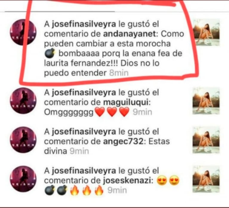 El picante "me gusta" de Josefina Silveyra, la ex de Cabré, a un fuerte comentario sobre Laurita Fernández 