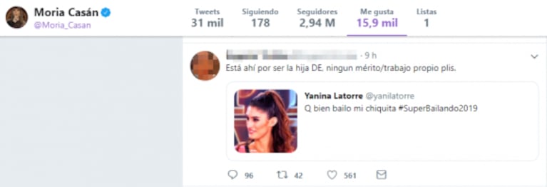 El picante "me gusta" de Moria Casán a un comentario de una twittera sobre la hija de Yanina Latorre