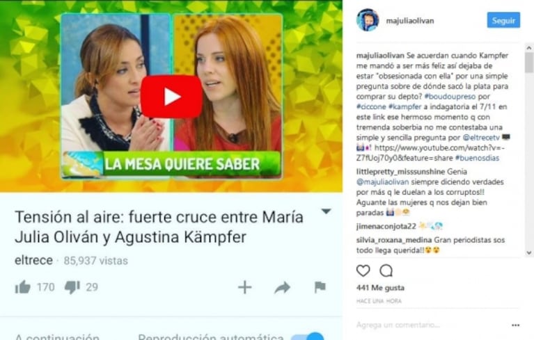 El picante palito de María Julia Oliván a Agustina Kämpfer tras la citación a indagatoria: "Con tremenda soberbia no me contestaba una simple y sencilla pregunta"