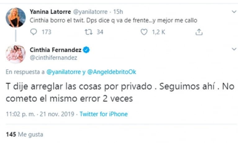 El picante tweet de Cinthia Fernández contra Yanina Latorre… que después borró: "Me sorprende la falsedad"