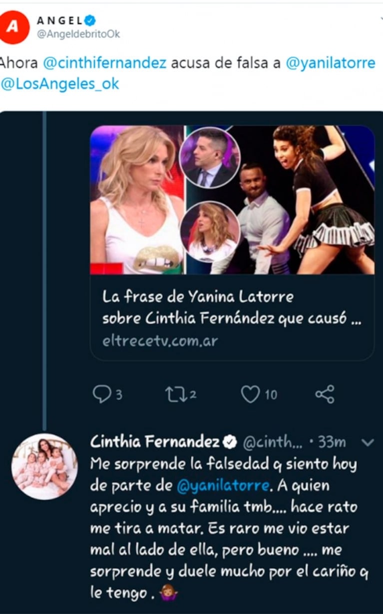 El picante tweet de Cinthia Fernández contra Yanina Latorre… que después borró: "Me sorprende la falsedad"
