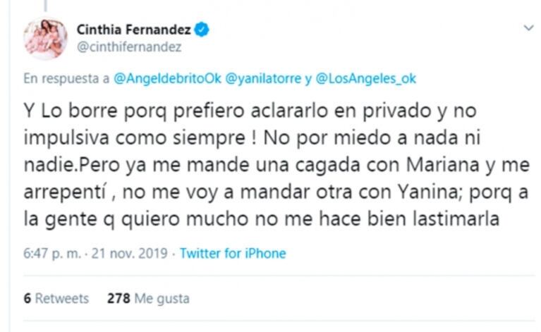 El picante tweet de Cinthia Fernández contra Yanina Latorre… que después borró: "Me sorprende la falsedad"