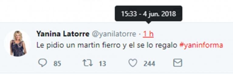 El picantísimo tweet de Yanina Latorre: "Le pidió un Martín Fierro y él se lo regaló"