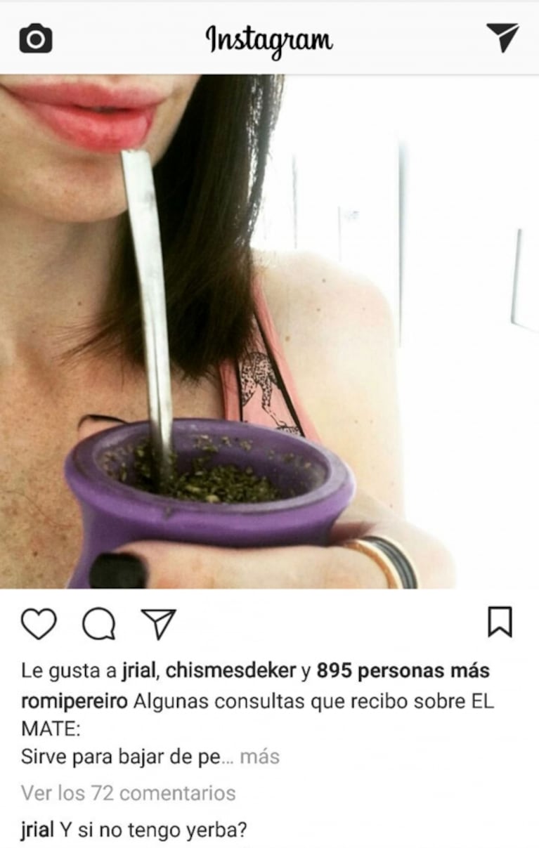 El pícaro comentario hot de Rial en una foto de Romina Pereiro tomando mate: "¿Y si no tengo yerba?"
