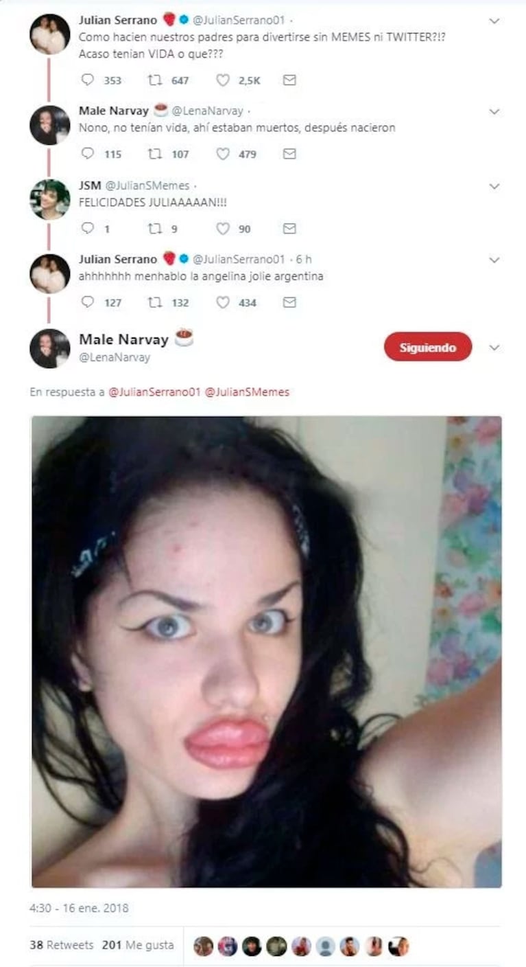 El pícaro histeriqueo de Julián Serrano y Malena Narvay en Twitter, ¡con piropo incluido!