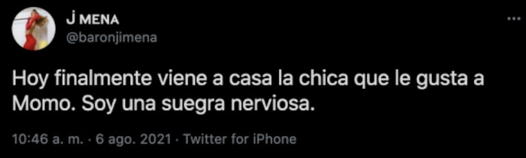 El pícaro tweet de Jimena Barón sobre "la novia" de Momo: "Soy una suegra nerviosa"