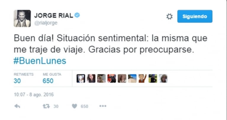 El pícaro tweet de Jorge Rial en medio de los rumores sobre sus vacaciones de soltero en Miami: "Situación sentimental: la misma que me traje de viaje"