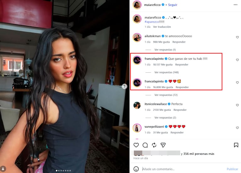 El piropo de Colapinto a su novia Maia Reficco que se hizo viral (Foto de Instagram)