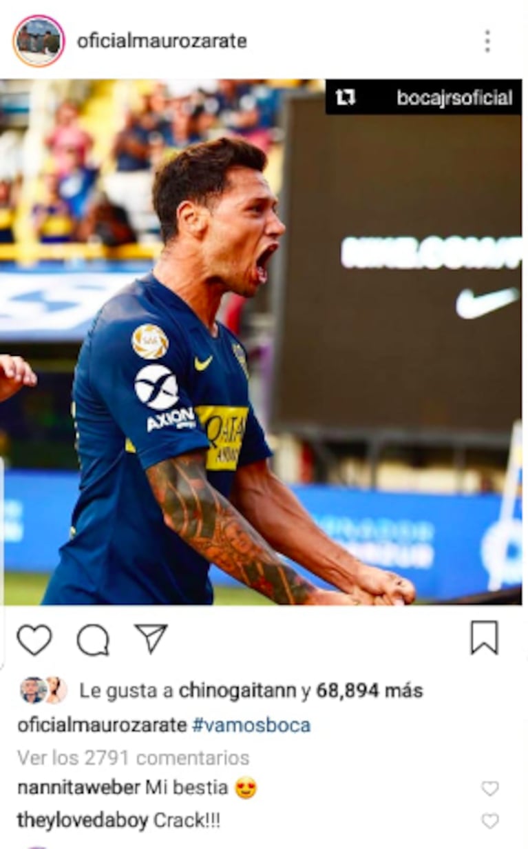 El piropo hot de Natalie Weber a Mauro Zárate, tras el gol que selló la victoria de Boca ante Godoy Cruz