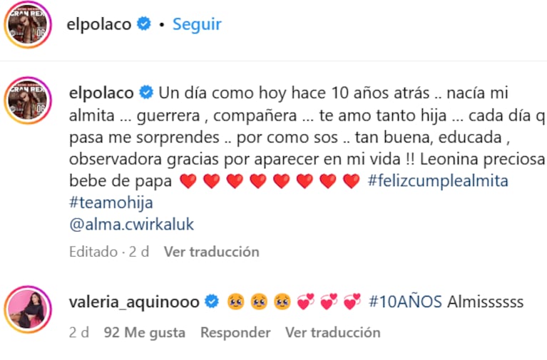 El Polaco y Valeria Aquino, muy juntos en el cumple de su hija Alma: las llamativas fotos