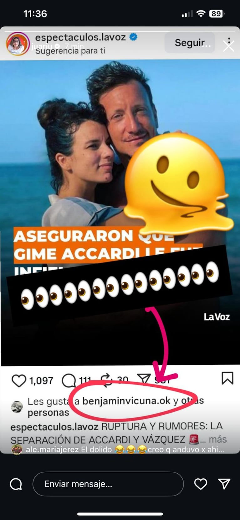 El polémico like de Benjamín Vicuña. Captura de stories de Juariu.