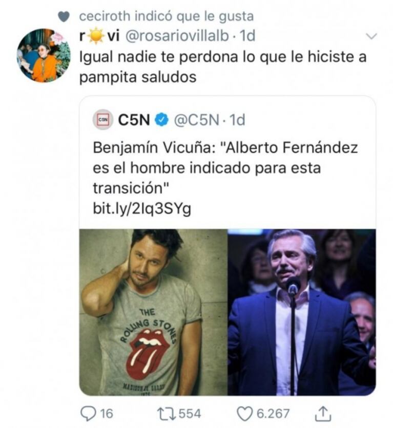 El polémico 'like' de Cecilia Roth contra Benjamín Vicuña: "Nadie te perdona lo que le hiciste a Pampita"