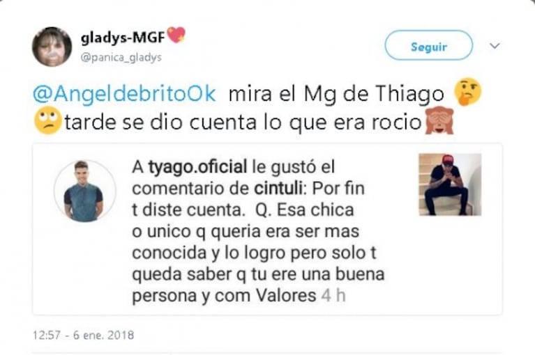 El polémico me gusta de Tyago Griffo contra Rocío Robles, y la reacción de la diosa: "Supongo que fue por error y si no, lo perdono"