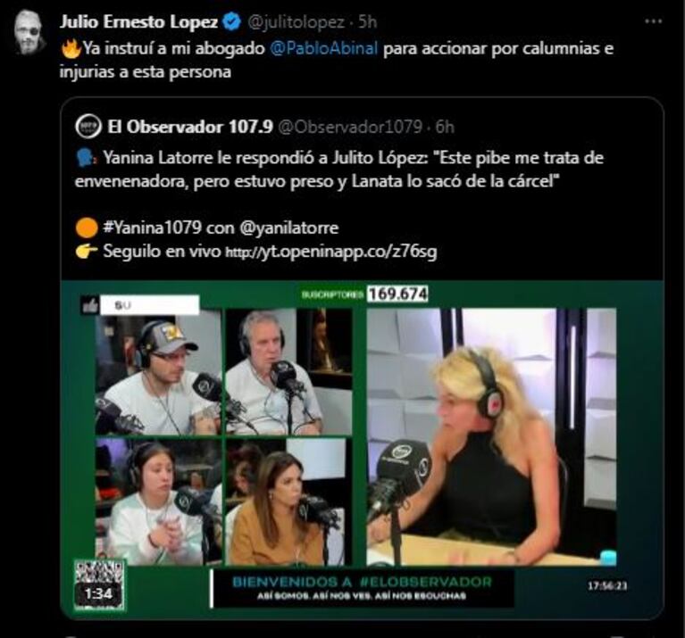 El polémico posteo de Julio Ernesto López contra Yanina Latorre (Foto: Twitter / X)