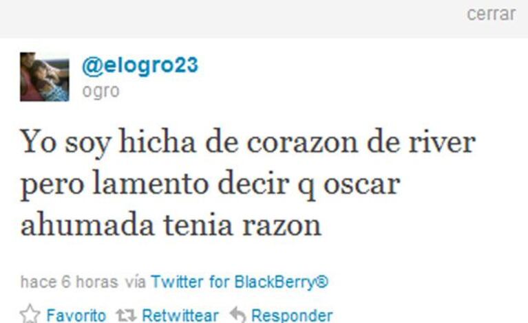 El polémico tweet (con error de tipeo y todo) que Fabbiani ahora dice que no escribió.