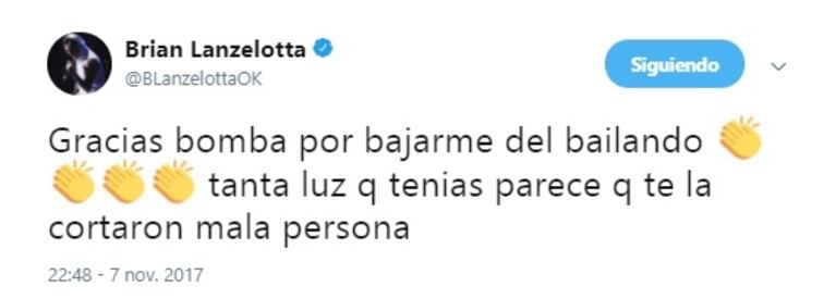 El polémico tweet de Brian Lanzelotta contra La Bomba Tucumana, mientras ShowMatch estaba al aire: "Gracias por bajarme del Bailando"