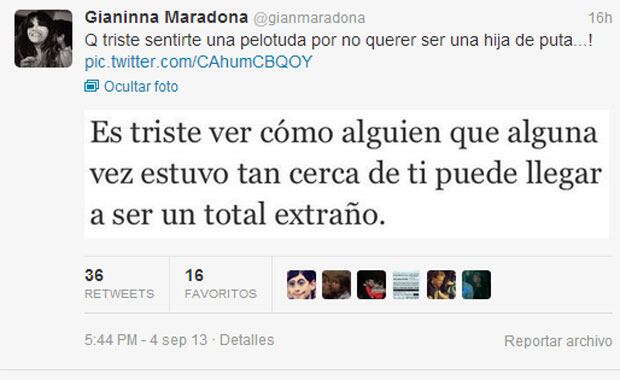 El polémico tweet de Gianinna Maradona (Foto: Captura). 