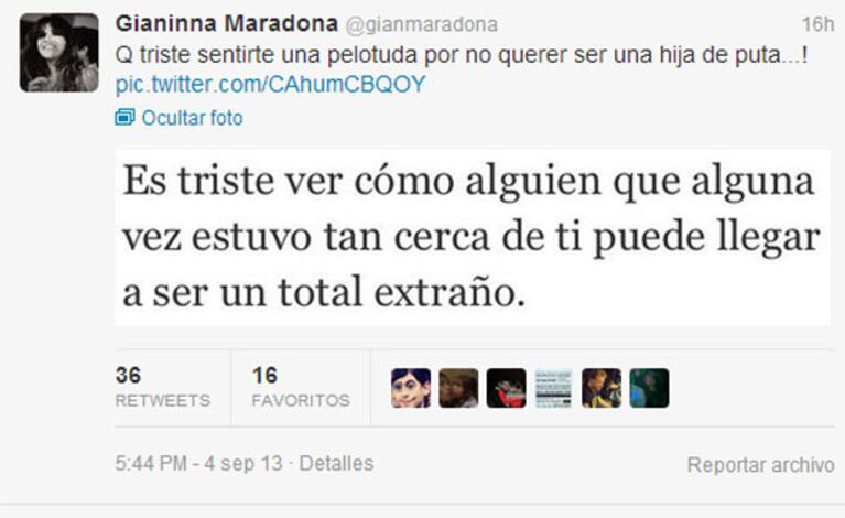 El polémico tweet de Gianinna Maradona (Foto: Captura). 